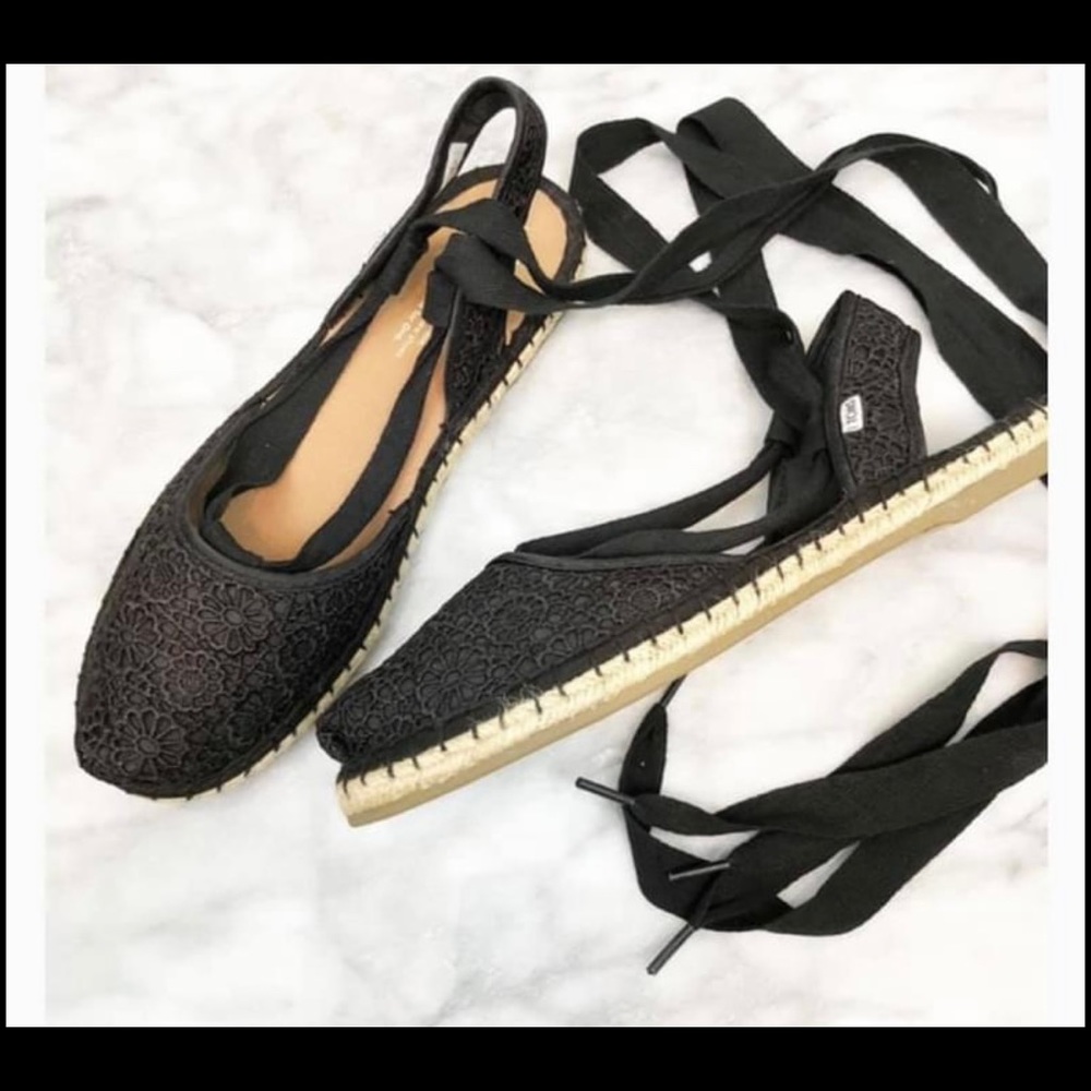 TOMS Bella Black Moroccan Crochet espadrilles.